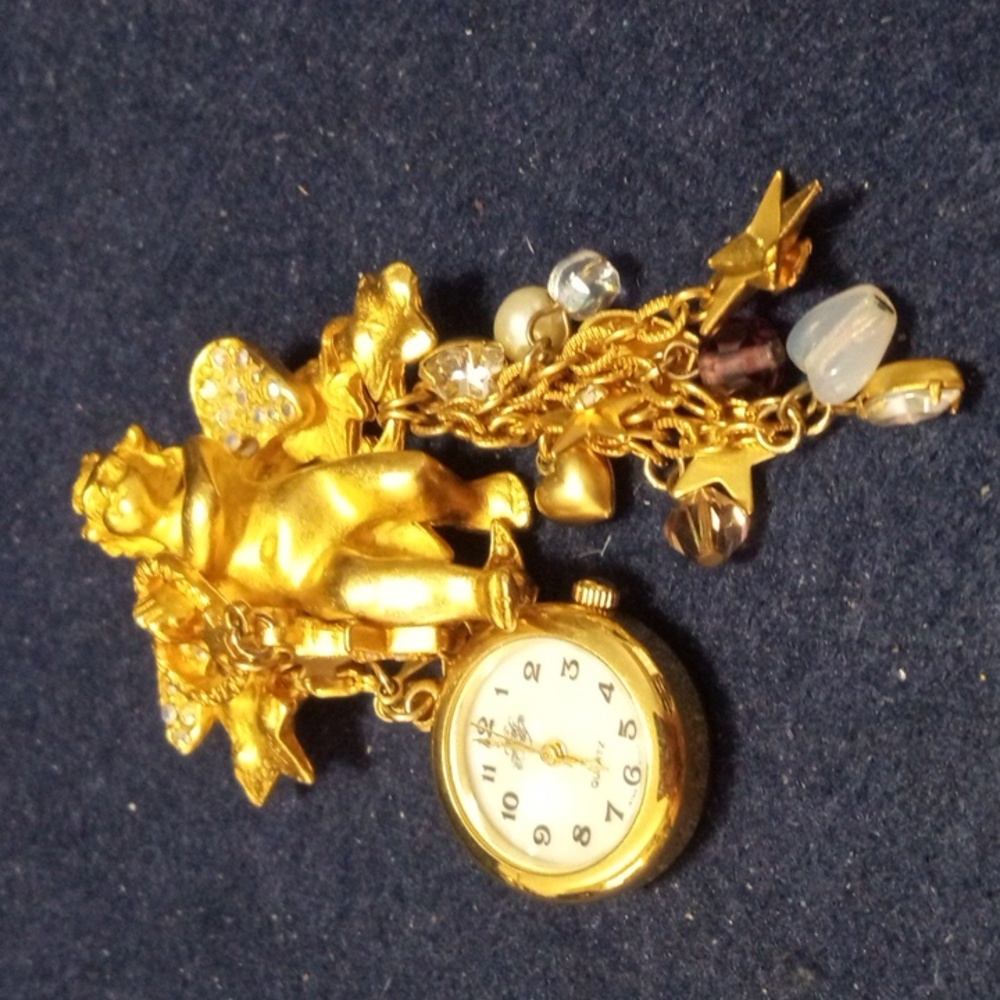 Vintage Signed Kirk's Folly Goldtone Angel Charm Watch Brooch